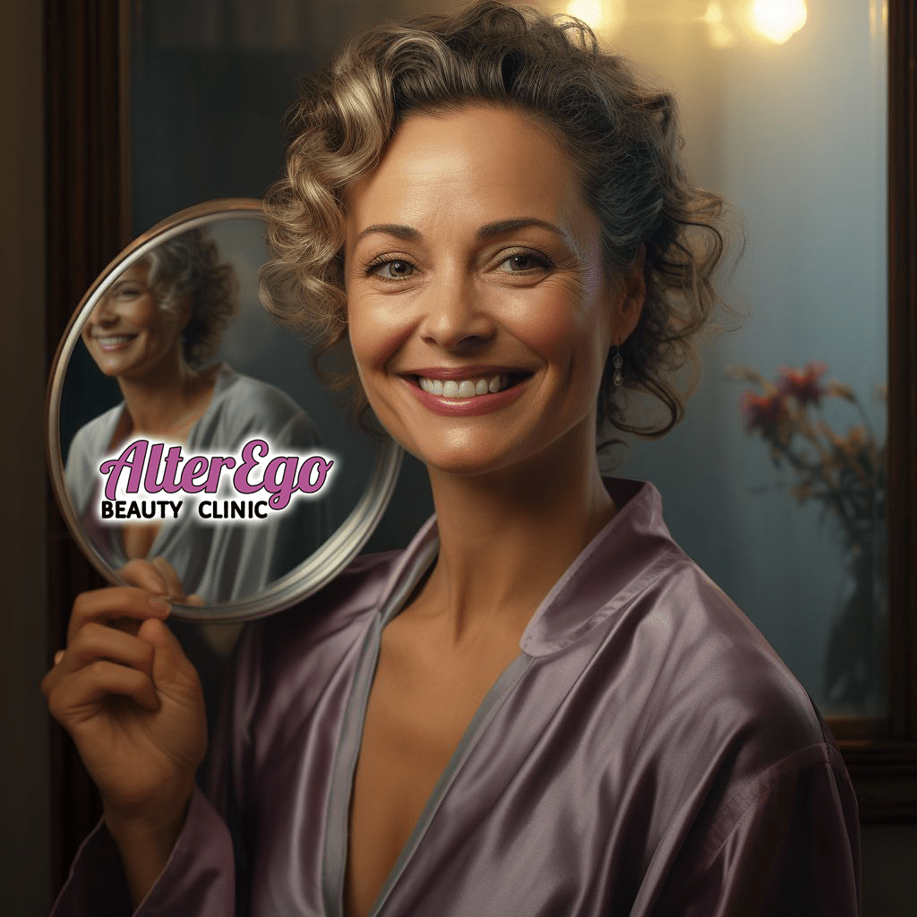 Uśmiechnięta kobieta trzymająca lustro odbijające jej promienną cerę, z logo "AlterEgo Beauty Clinic" sugerujące transformacyjne doświadczenie z pielęgnacją skóry, możliwe z zastosowaniem zabiegów z retinolem.
