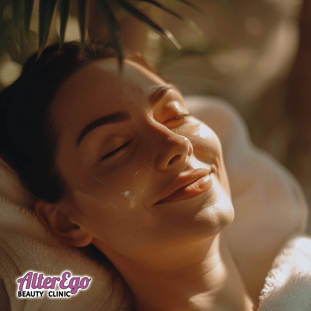 A contented woman with a glowing complexion, eyes closed, smiling peacefully, enjoying a facial treatment with a mask applied, amidst soft natural lighting.