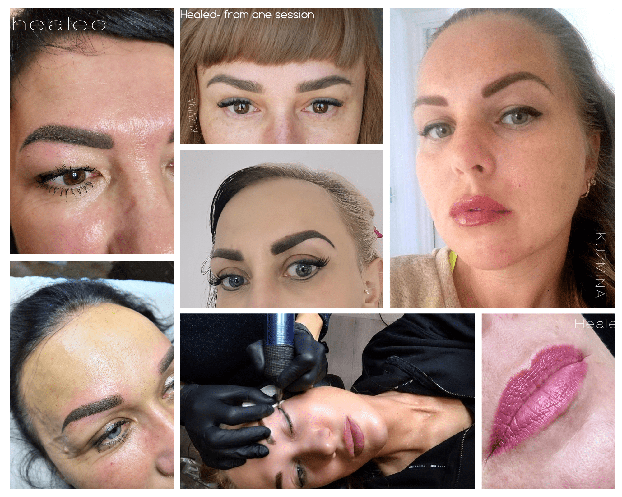 A series of after photos showing the healed results of clients' eyebrows and lips post medical tattooing by Helen Kuzmina.