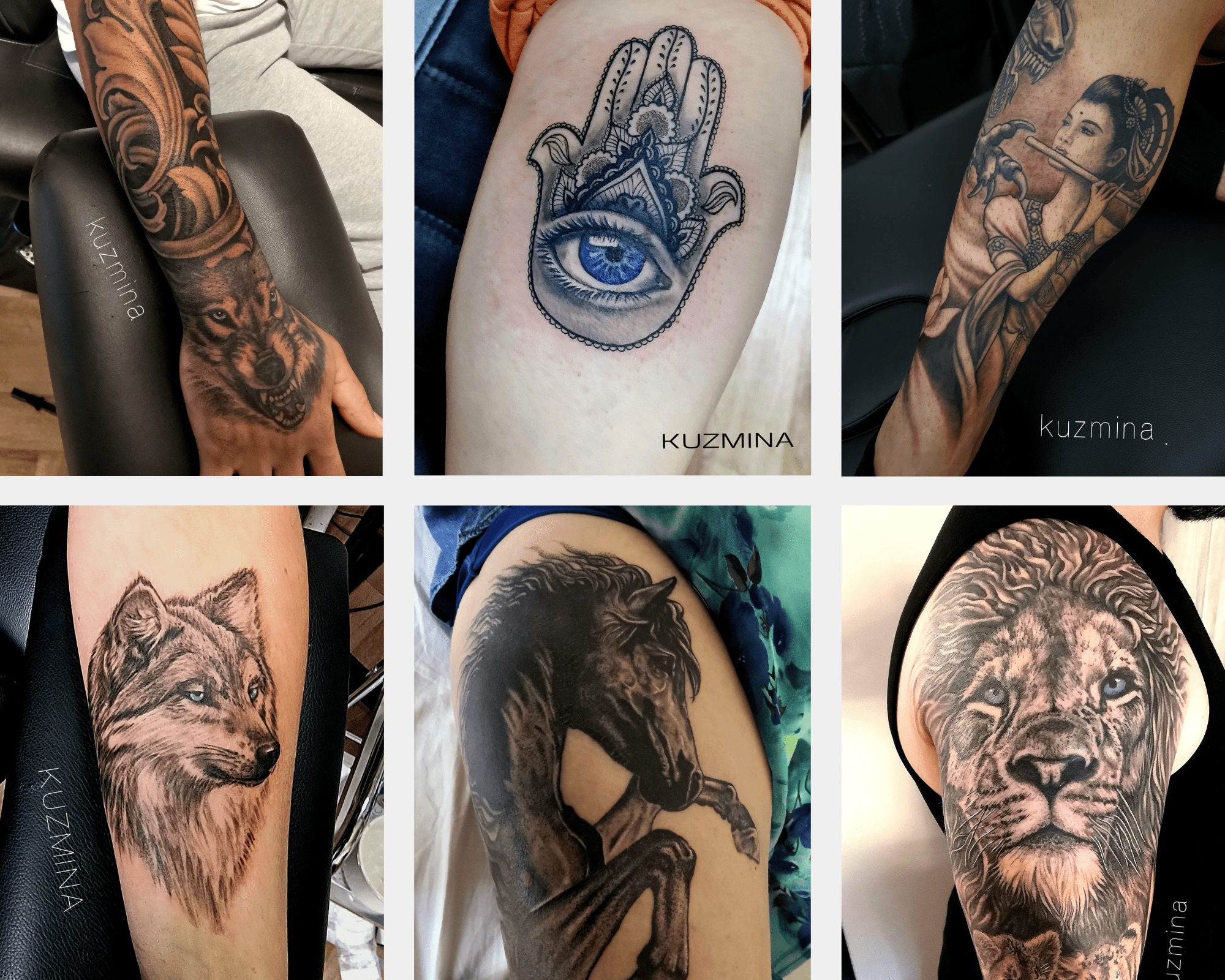 A collage of diverse tattoos by Helen Kuzmina, featuring a tiger, an eye in hamsa, a geisha, a wolf, a horse, and a lion's face.