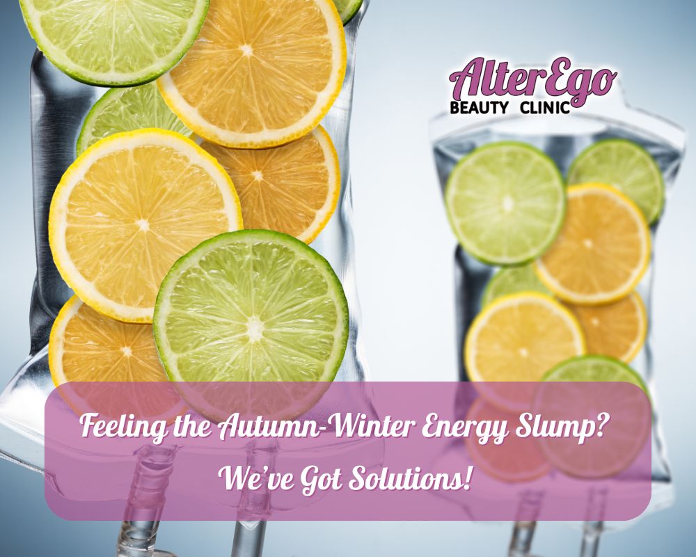 Vitamin drip bags filled with fresh slices of lemon and lime, symbolizing hydration and energy solutions for the autumn-winter slump.