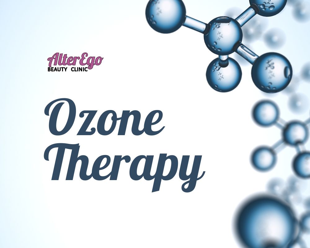 Ozone Therapy represented by molecular structures and the Alter Ego Beauty Clinic logo.