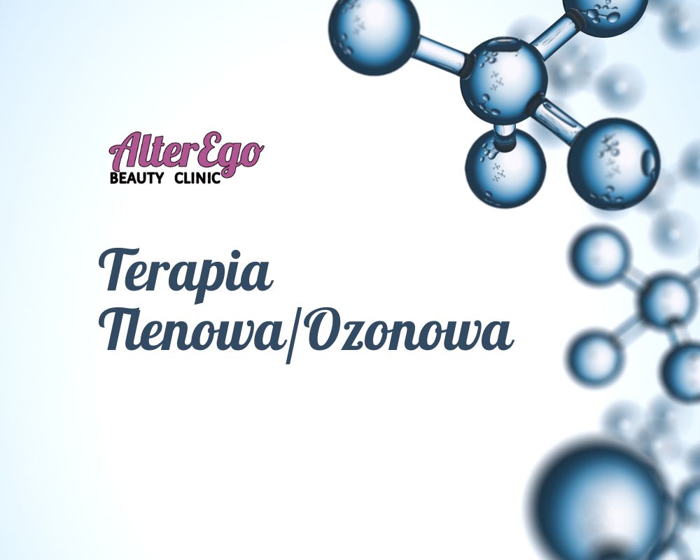 Terapia tlenowa/ozonowa z logo Alter Ego Beauty Clinic oraz strukturą molekularną ozonu.