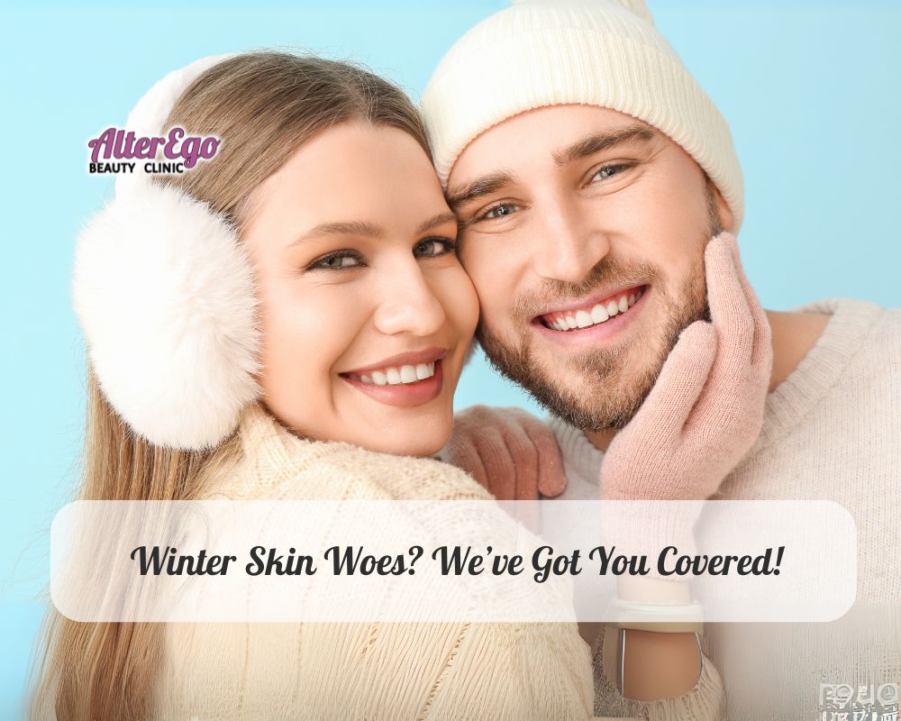 Smiling couple in cozy winter attire enjoying smooth, radiant skin, with a tagline reading "Winter Skin Woes? We’ve Got You Covered!"