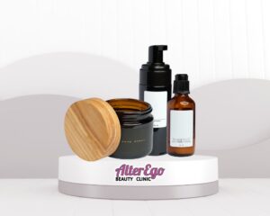 Minimalist skincare products displayed on a podium, representing a balanced skincare routine.